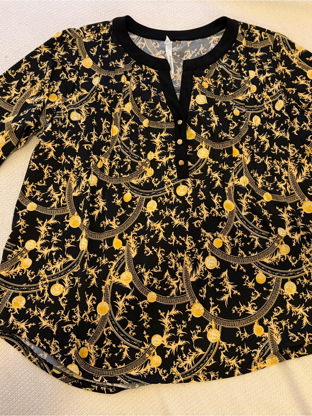 Macy’s NY COLLECTION Black and Gold Baroque Henley Tunic
